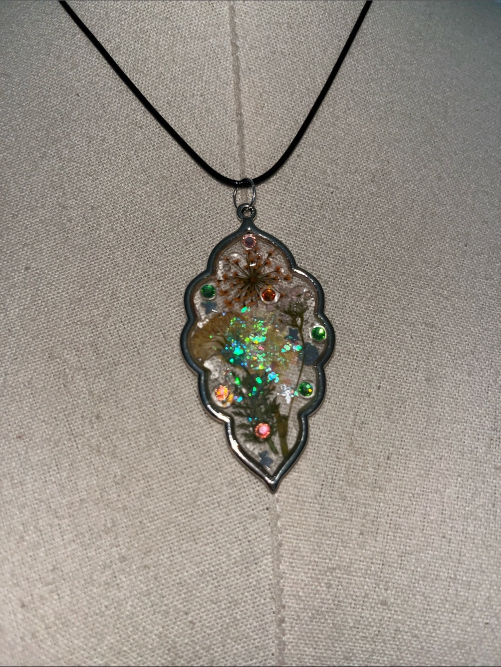 Handcrafted Green Floral Inlay Resin Statement Pendant on cord
